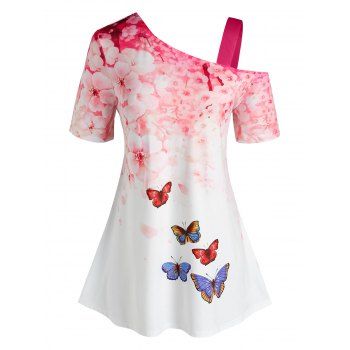 

Plus Size Skew Neck Floral Butterfly Print Tee, White