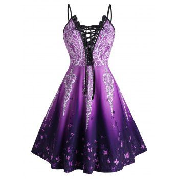 

Plus Size Lace-up Ombre Butterfly Print Cami Dress, Purple