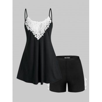 

Plus Size Lace Panel Tied Two Piece Pajama Shorts Set, Black