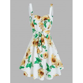 

Vacation Allover Sunflower Print Sundress Mock Button Belted Sleeveless Mini Dress, White