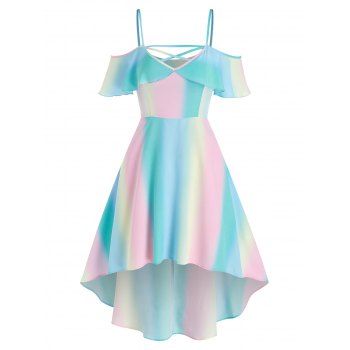 

Summer Crossover Cold Shoulder Rainbow High Low Midi Dress, Multicolor