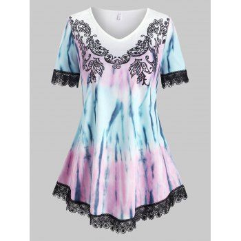 

Plus Size Guipure Lace Panel Tie Dye Tunic Tee, Light pink