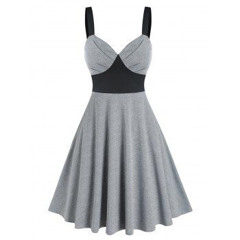 

Two Tone Mini Dress Sweetheart Neck Flare Dress Ruched Bust Sleeveless A Line Dress, Gray