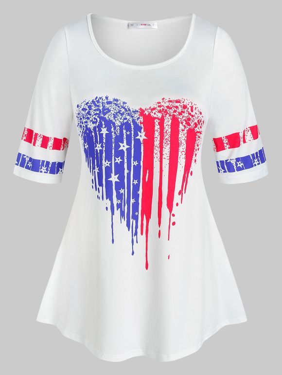 T-shirt Motif de Cœur à Imprimé Drapeau Américain de Grande Taille - Blanc 2X