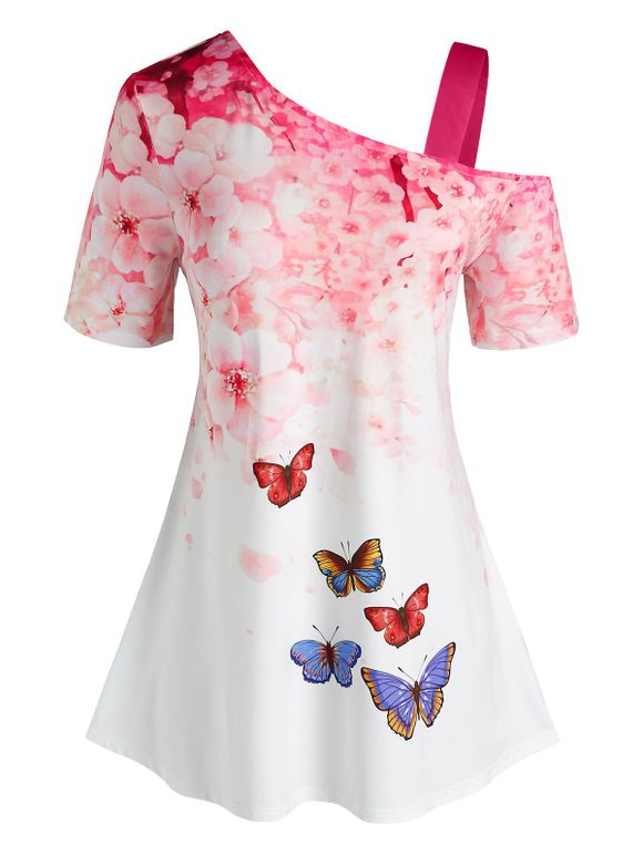T-shirt à Imprimé Fleuri Papillon de Grande Taille à Col Oblique - Blanc 5X