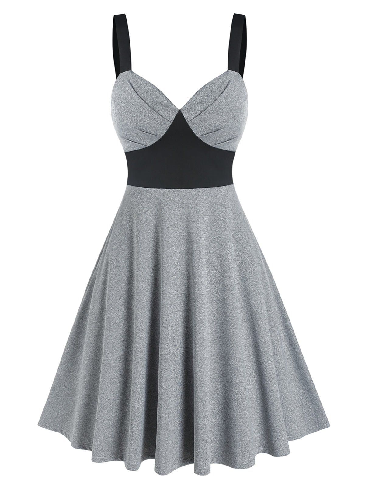 Two Tone Mini Dress Sweetheart Neck Flare Dress Ruched Bust Sleeveless A Line Dress - GRAY XXXL
