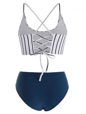 Striped Lace Up Ruched Mix and Match Tankini Swimwear