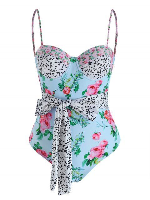 Dalmatian Flower Moulded Corset Style Belted One-piece Swimsuit