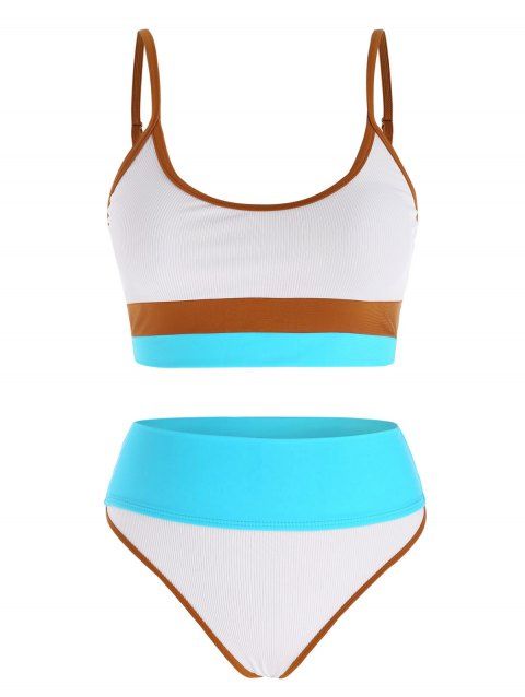 Maillot de Bain Tankini Côtelé en Blocs de Couleurs à Taille Haute