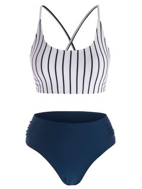 Striped Lace Up Ruched Mix and Match Tankini Swimwear