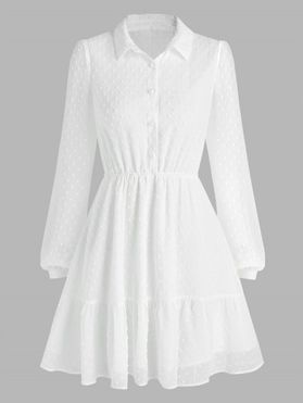 Swiss Dot Chiffon A Line Mini Dress Half Button See Thru Long Sleeve Dress