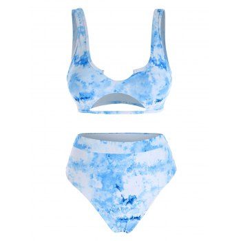 

Tie Dye Notched Underboob High Waisted Bikini Swimwear, Light blue