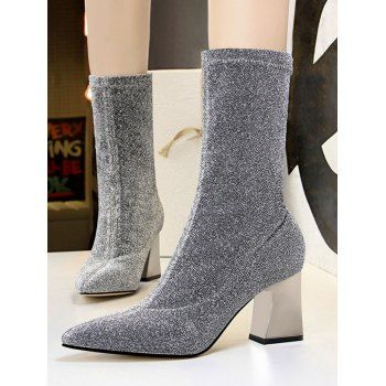 

Glitter Pointed Toe Chunky Heel Boots, Platinum