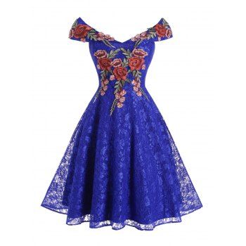 

Flower Applique Lace Off Shoulder Foldover Dress, Blue