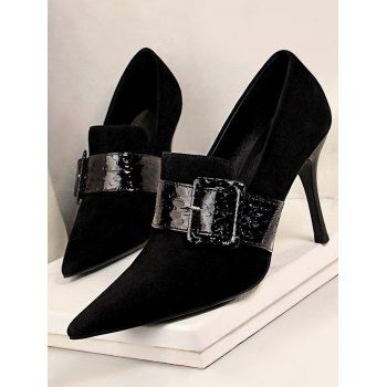 

Suede Snake Print Buckle High Heel Shoes, Black