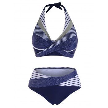 

Striped Halter Tied Criss Cross Bikini Swimwear, Blue