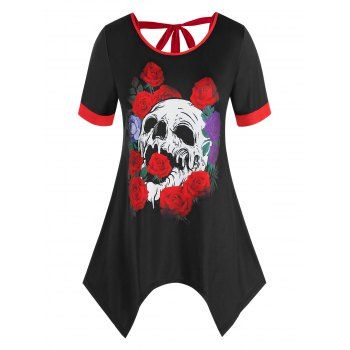 

Plus Size Rose Skull Print Handkerchief Tee, Black
