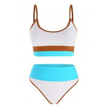 

Ribbed Color Blocking Binding High Waisted Tankini Swimwear, White