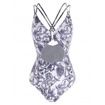 

Cutout Criss Cross Flower Print One-piece Swimsuit, Purple