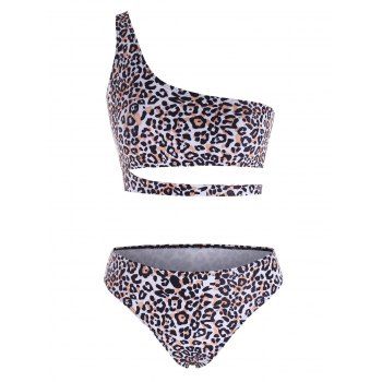 

Leopard One Shoulder Cutout Cheeky Bikini Swimwear, Multicolor