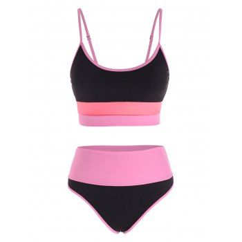 

Ribbed Color Blocking Binding High Waisted Tankini Swimwear, Black