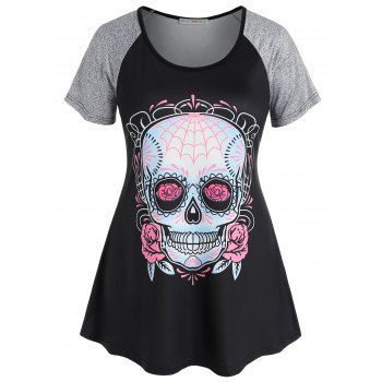 

Plus Size Raglan Sleeve Skull Print Gothic Tee, Black