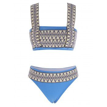 

Zig Zag Embroidered Tape Square Neck Bikini Swimwear, Light blue
