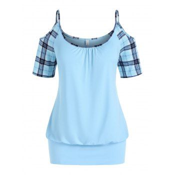 

Plus Size Plaid Open Shoulder Blouson T-shirt, Light blue