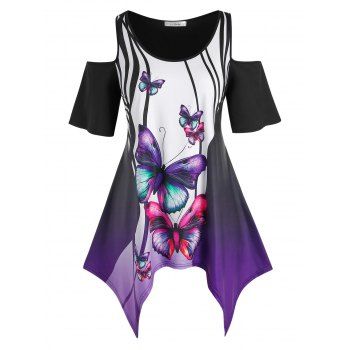 

Plus Size Cold Shoulder Butterfly Print Handkerchief Tee, Purple