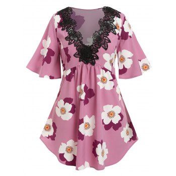 

Plus Size Flower Print Applique Panel Flutter Sleeve Blouse, Light pink