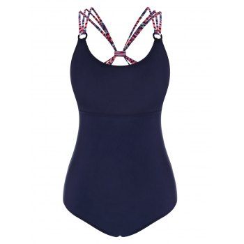 

Striped Straps Cutout Ring One-piece Swimsuit, Deep blue