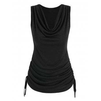 

Cowl Neck Draped Solid Ruched Cinched Tank Top, Black