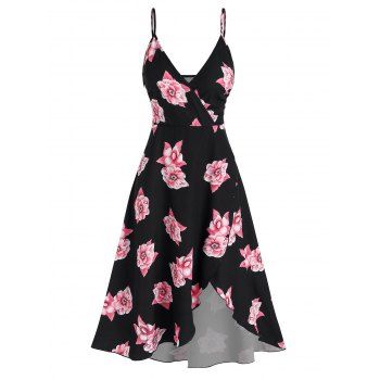 

High Low Floral Print Midi Surplice Dress, Black