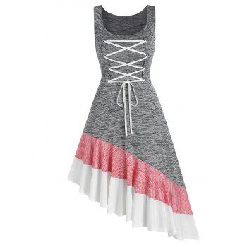 

Colorblock Lace Up Flounced Asymmetric Dress, Multicolor