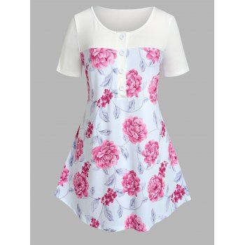 

Plus Size Half Button Floral Print Tee, White