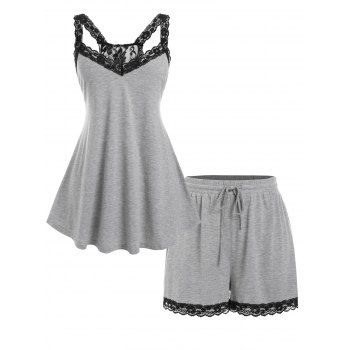 

Plus Size Lace Panel Tank Top and Drawstring Shorts Pajamas Set, Light gray