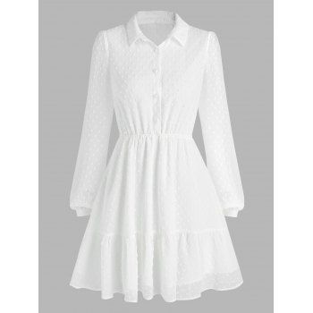 

Swiss Dot Chiffon A Line Mini Dress Half Button See Thru Long Sleeve Dress, White