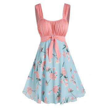 

Flower Print Pleated A Line Dress Cottagecore Front Knot Sleeveless Colorblock Dress, Multicolor