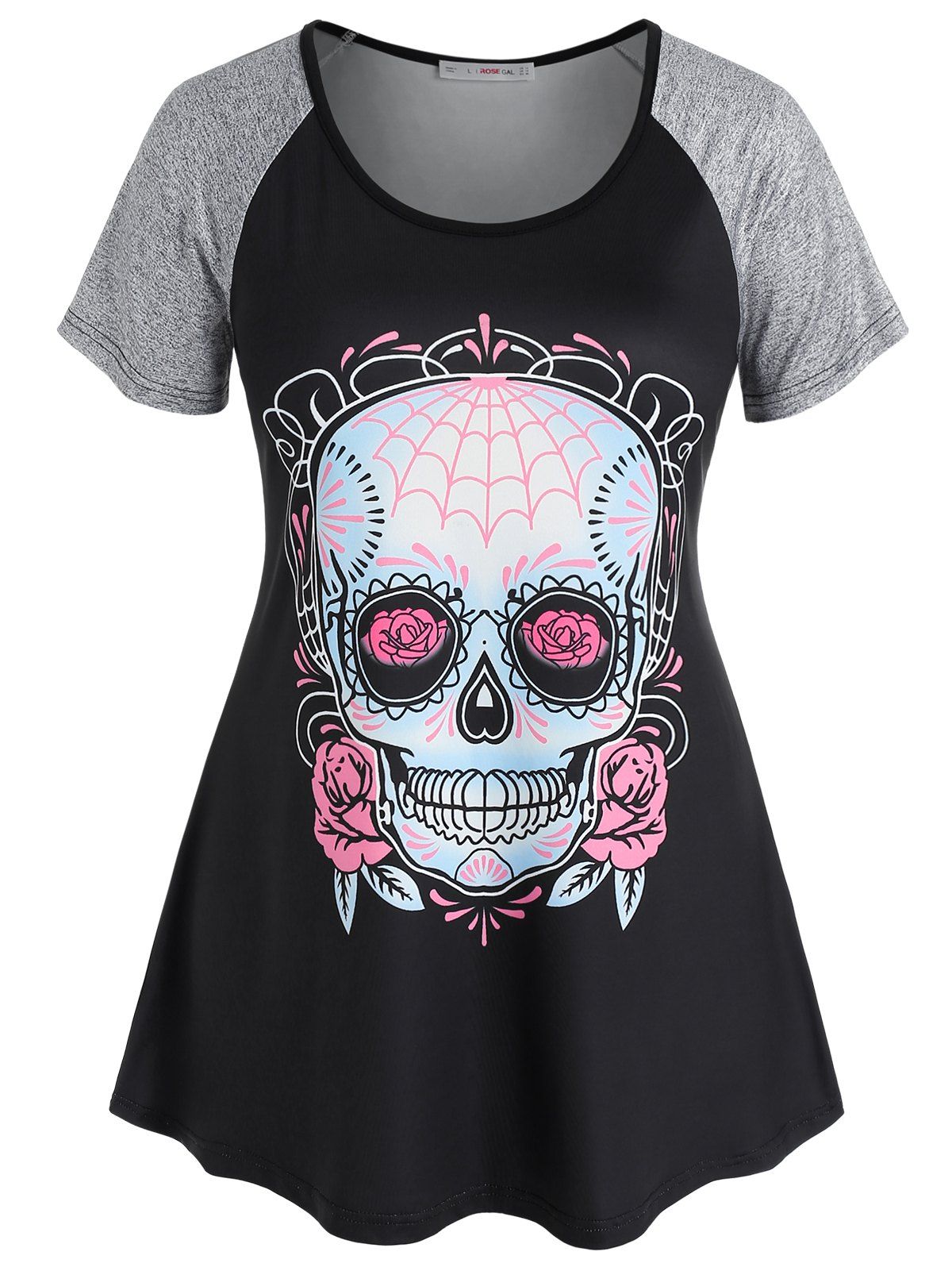 Plus Size Raglan Sleeve Skull Print Gothic Tee - BLACK 5X