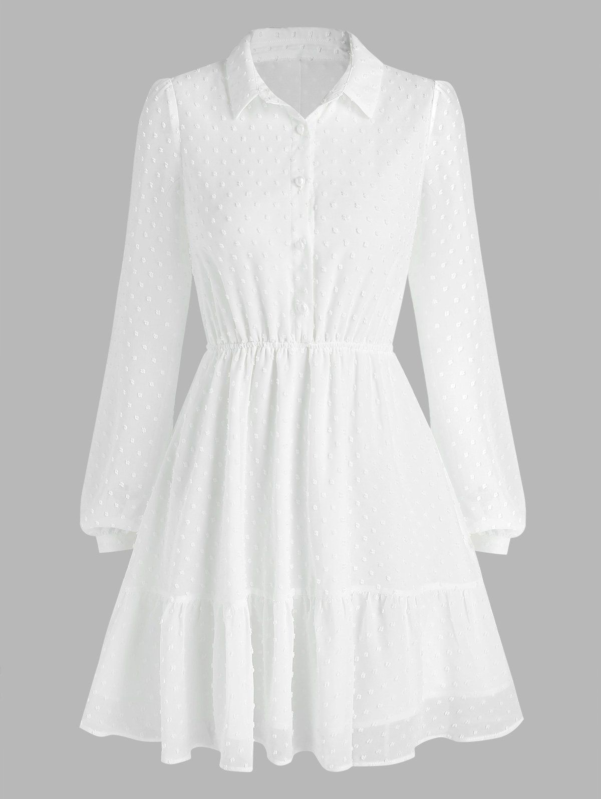 Swiss Dot Chiffon A Line Mini Dress Half Button See Thru Long Sleeve Dress - WHITE XXXL