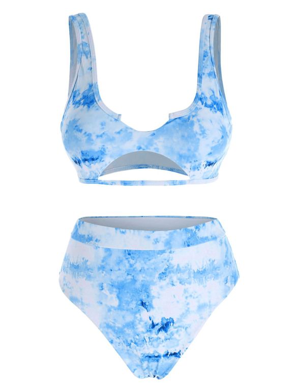 Maillot de Bain Bikini Brillant Géographique à Taille Haute - Bleu clair S