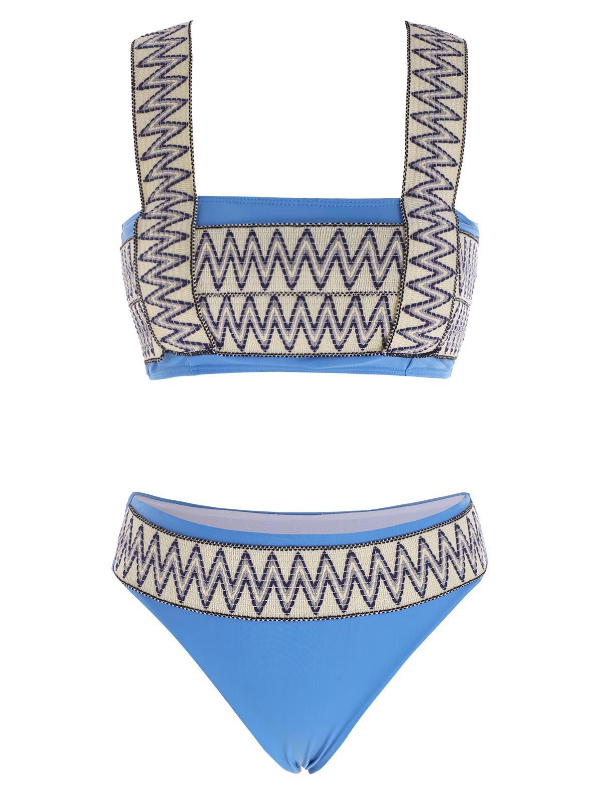 Ethnic Bikini Swimwear Zig Zag Print Embroidered Tape Square Neck Beach Swimsuit - LIGHT BLUE XL