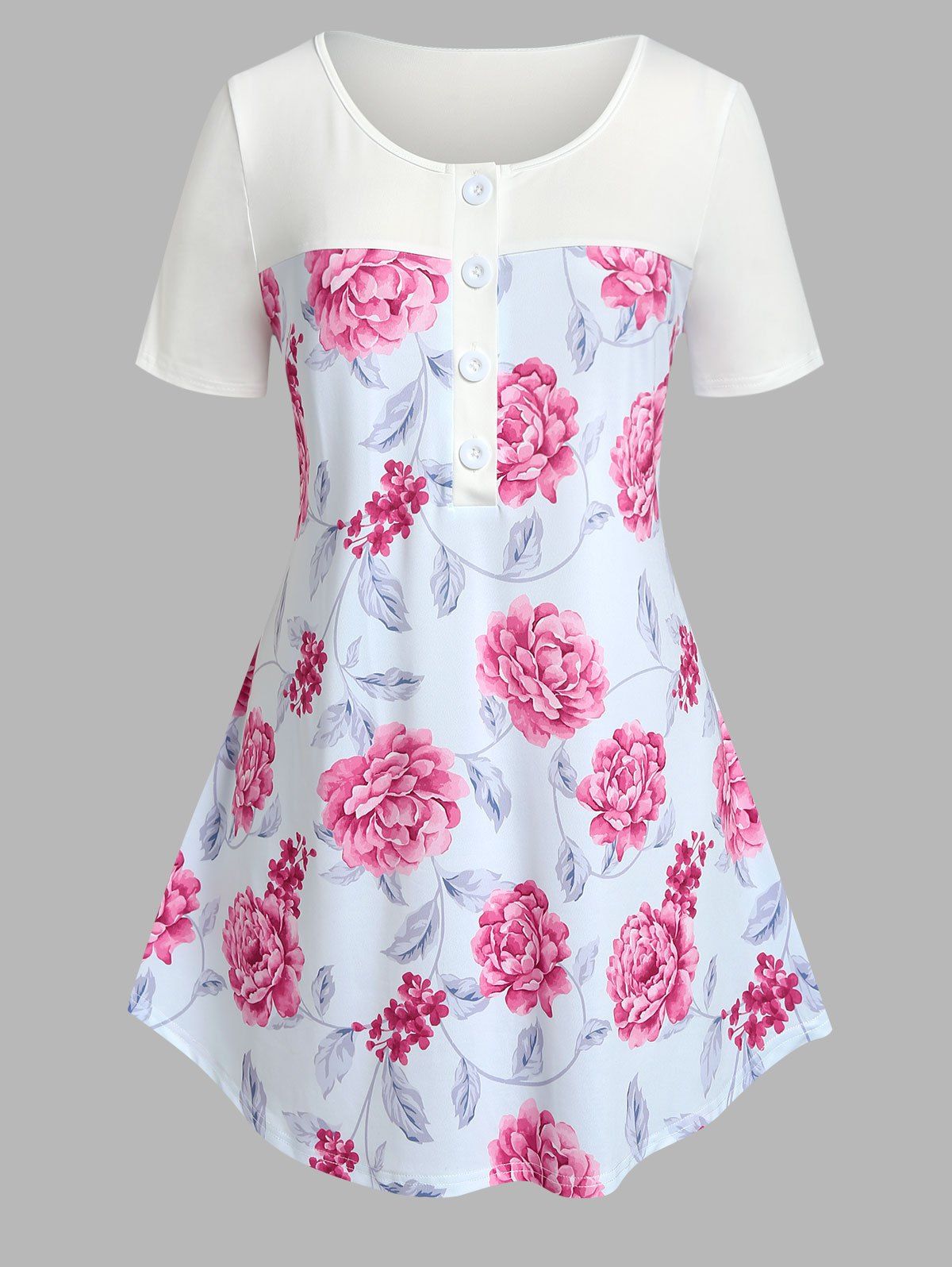 Plus Size Half Button Floral Print Tee - WHITE 1X