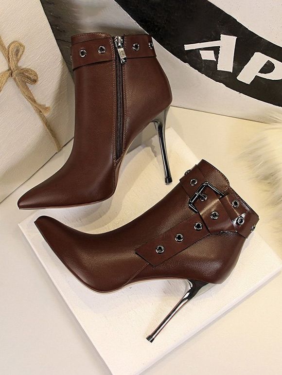 Bottes à Talons Hauts à Boucle et Bout Pointu - café EU 38