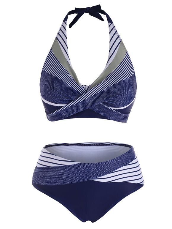 Maillot de Bain Bikini Croisé Rayé à Col Halter - Bleu XL