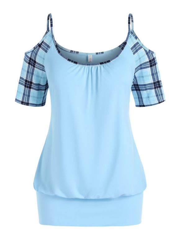 T-shirt Blouson à Carreaux à Epaule Ouverte de Grande Taille - Bleu clair 5X