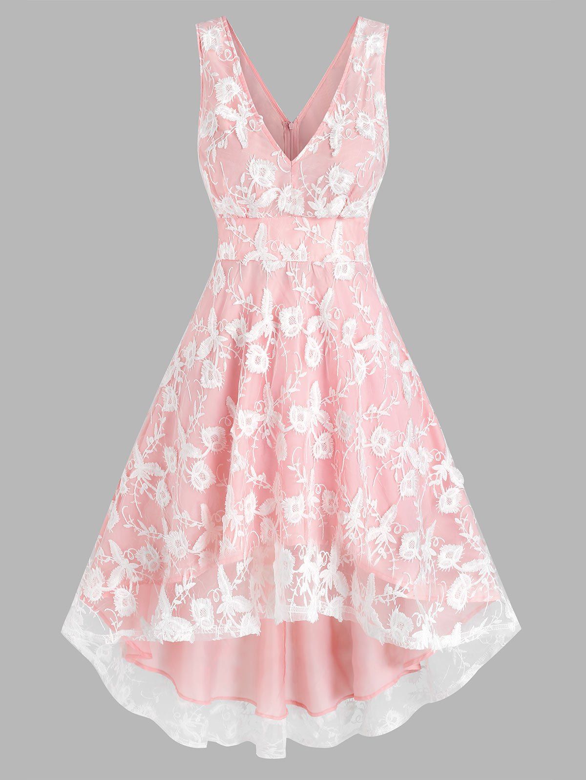 Embroidered Low Cut High Low Midi Cocktail Dress - LIGHT PINK L