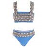Ethnic Bikini Swimwear Zig Zag Print Embroidered Tape Square Neck Beach Swimsuit - LIGHT BLUE XL