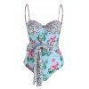 Dalmatian Flower Moulded Corset Style Belted One-piece Swimsuit - multicolor L