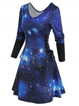 Galaxy Print Lace Up A Line Long Sleeve Dress